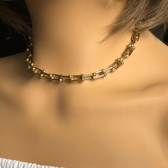 New Gold Hardware Necklace 14k Gold Chunky Paperclip Adjustable Necklace - Picture 1 of 5